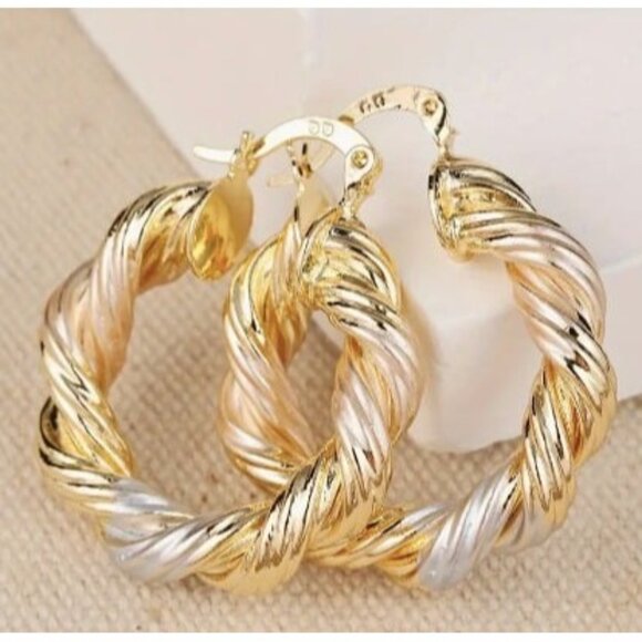 14k Gold Plated Tri-Color Metals Twisted Hoop Earrings - Picture 2 of 5